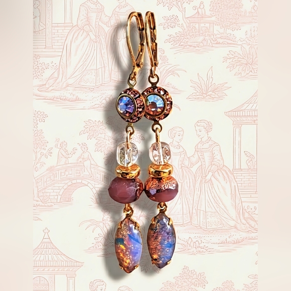 Pink AB And Pink Fire Opal In Beaded Drop Down Earrings - Picture 1 of 6